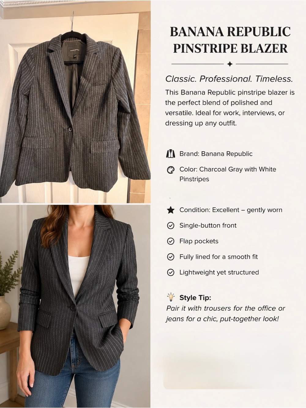 Banana Republic Charcoal Pinstripe Tailored Blazer